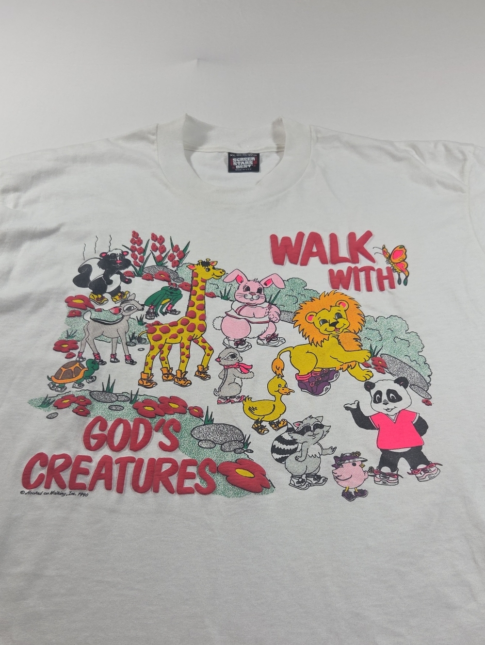 Vintage 1990 Puffy Paint Shirt Screen Stars White Tee Colorful Animal